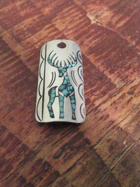Vtg Silver Turquoise Pendant/Key Chain with Elk/Deer Inlay Marked LN